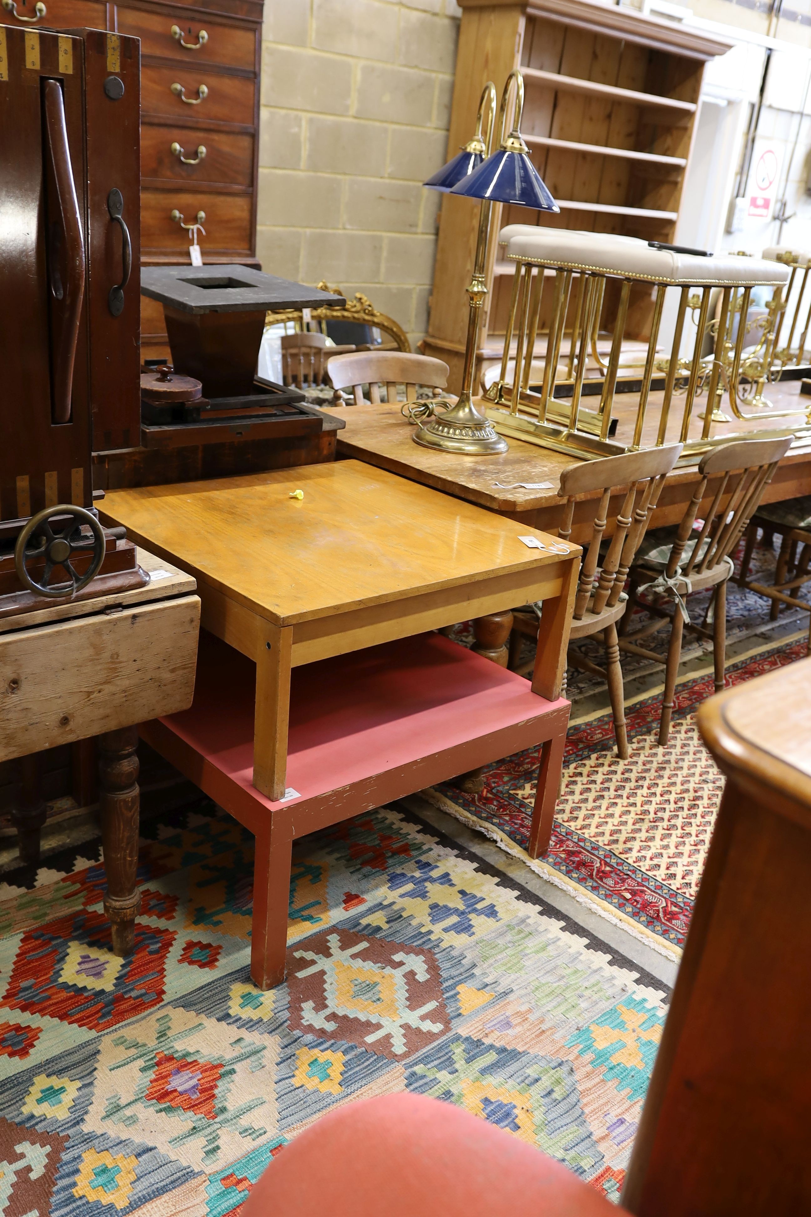 A Habitat red painted square topped coffee table and one other Habitat coffee table, width 73cm, height 34cm